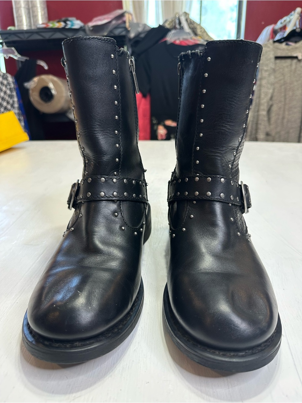 Harley-Davidson Abbie Black Leather Studded Moto Boots Women’s US 10M Biker - Picture 3 of 16